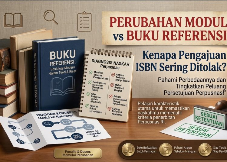 Infografis perbandingan modul ajar dan buku referensi beserta alur konversi naskah untuk pengajuan ISBN Perpusnas.