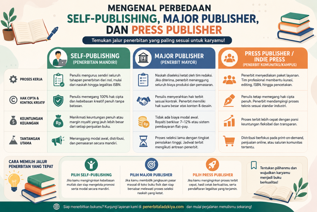 Perbedaan self-publishing, major publisher, dan press publisher dalam penerbitan buku