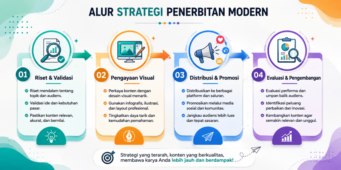 Infografik alur strategi penerbitan modern yang menampilkan empat tahap, yaitu Riset dan Validasi, Pengayaan Visual, Distribusi dan Promosi, serta Evaluasi dan Pengembangan.