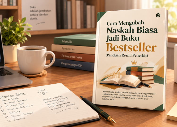 Buku panduan mengubah naskah menjadi bestseller di atas meja kerja, dengan laptop, kopi, dan catatan proses penerbitan.