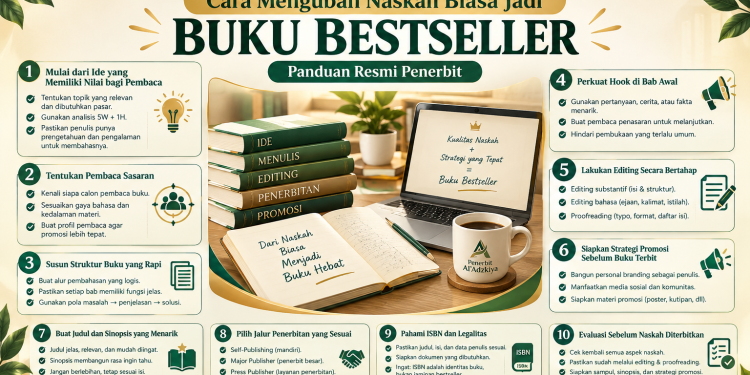 Infografis panduan resmi penerbit tentang cara mengubah naskah biasa jadi buku bestseller