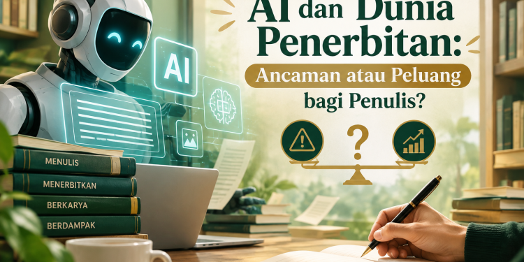 AI dan dunia penerbitan sebagai peluang dan tantangan bagi penulis, ditampilkan melalui ilustrasi robot AI, laptop, buku, dan penulis yang sedang menulis.