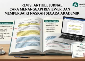 Ilustrasi proses revisi artikel jurnal akademik di atas meja kerja, menampilkan buku naskah dengan catatan perbaikan reviewer, layar laptop dengan draf revisi, sertifikat "Accepted for Publication", dan logo Penerbit Al'Adzkiya.