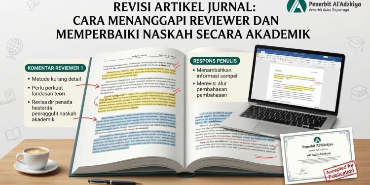 Ilustrasi proses revisi artikel jurnal akademik di atas meja kerja, menampilkan buku naskah dengan catatan perbaikan reviewer, layar laptop dengan draf revisi, sertifikat "Accepted for Publication", dan logo Penerbit Al'Adzkiya.
