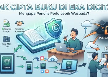 Ilustrasi konseptual tentang pentingnya menjaga hak cipta buku di era digital. Gambar ini menunjukkan seorang penulis yang waspada, sebuah buku digital yang dilindungi perisai hak cipta (©), dan alur distribusi digital yang aman (ikon draf, gambar sumber, perjanjian penerbit) yang berdampingan dengan risiko pembajakan, penyebaran file tanpa izin antar perangkat, dan ikon pencurian data.