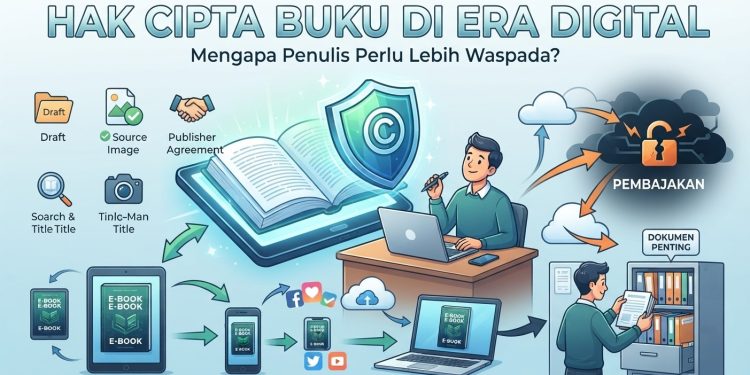 Ilustrasi konseptual tentang pentingnya menjaga hak cipta buku di era digital. Gambar ini menunjukkan seorang penulis yang waspada, sebuah buku digital yang dilindungi perisai hak cipta (©), dan alur distribusi digital yang aman (ikon draf, gambar sumber, perjanjian penerbit) yang berdampingan dengan risiko pembajakan, penyebaran file tanpa izin antar perangkat, dan ikon pencurian data.
