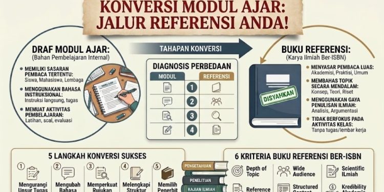 Infografis langkah konversi modul ajar menjadi buku referensi ber-ISBN oleh Penerbit Al'Adzkiya.