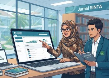 Ilustrasi mahasiswa dan dosen sedang mencari jurnal SINTA untuk publikasi ilmiah.