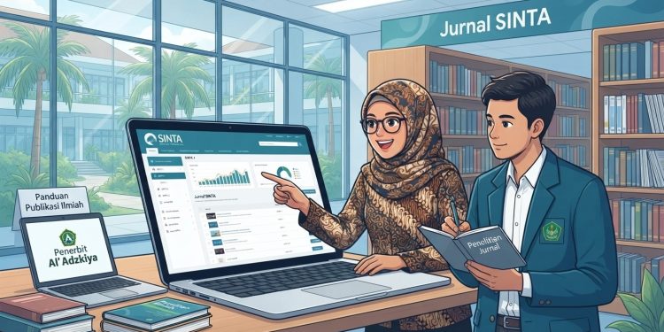 Ilustrasi mahasiswa dan dosen sedang mencari jurnal SINTA untuk publikasi ilmiah.