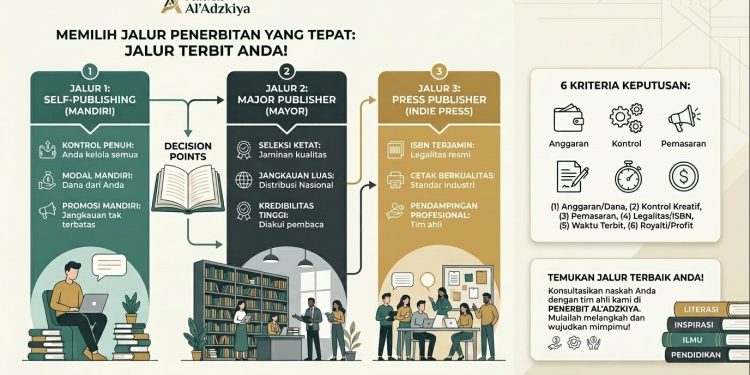 Infografis perbandingan 3 jalur penerbitan buku: Self-Publishing, Major Publisher, dan Press Publisher oleh Penerbit Al'Adzkiya.
