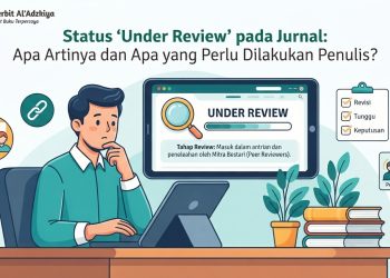 Peneliti sedang memantau status under review naskah jurnal di layar laptop dengan ikon dokumen dan catatan peninjauan.