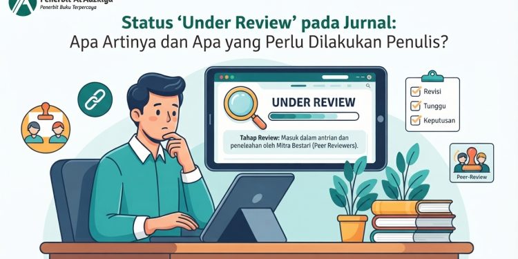 Peneliti sedang memantau status under review naskah jurnal di layar laptop dengan ikon dokumen dan catatan peninjauan.