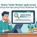 Peneliti sedang memantau status under review naskah jurnal di layar laptop dengan ikon dokumen dan catatan peninjauan.