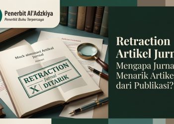 Ilustrasi dokumen jurnal akademik dengan stempel retraction artikel jurnal terbitan Penerbit Al'Adzkiya.