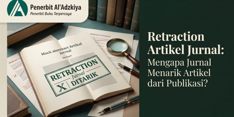 Ilustrasi dokumen jurnal akademik dengan stempel retraction artikel jurnal terbitan Penerbit Al'Adzkiya.