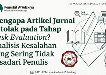 Gambar utama artikel jurnal berjudul "Mengapa Artikel Jurnal Ditolak pada Tahap Desk Evaluation? Analisis Kesalahan yang Sering Tidak Disadari Penulis" dengan logo Penerbit Al'Adzkiya.