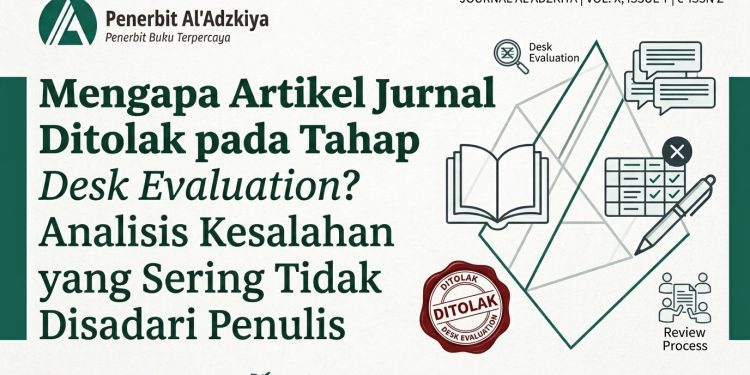 Gambar utama artikel jurnal berjudul "Mengapa Artikel Jurnal Ditolak pada Tahap Desk Evaluation? Analisis Kesalahan yang Sering Tidak Disadari Penulis" dengan logo Penerbit Al'Adzkiya.