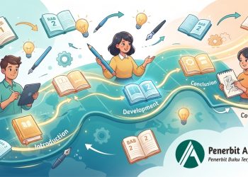 Ilustrasi alur struktur bab buku yang terarah dan rapi untuk panduan menulis penulis bersama logo Penerbit Al'Adzkiya.