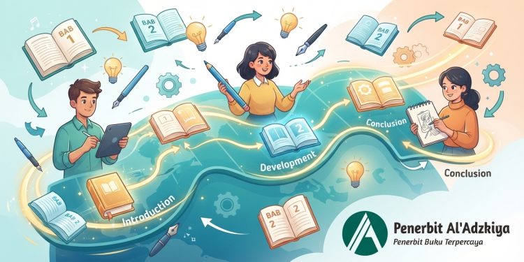 Ilustrasi alur struktur bab buku yang terarah dan rapi untuk panduan menulis penulis bersama logo Penerbit Al'Adzkiya.