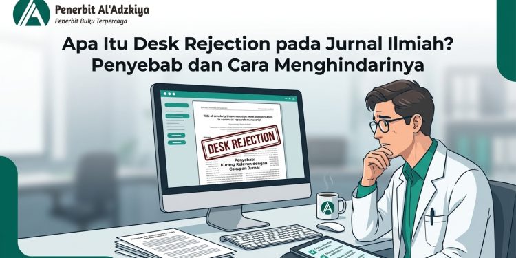 Peneliti kecewa melihat cap Desk Rejection naskah jurnal di komputer.