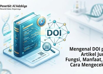 Ilustrasi digital tentang DOI (Digital Object Identifier) pada artikel jurnal ilmiah lengkap dengan logo Penerbit Al'Adzkiya.