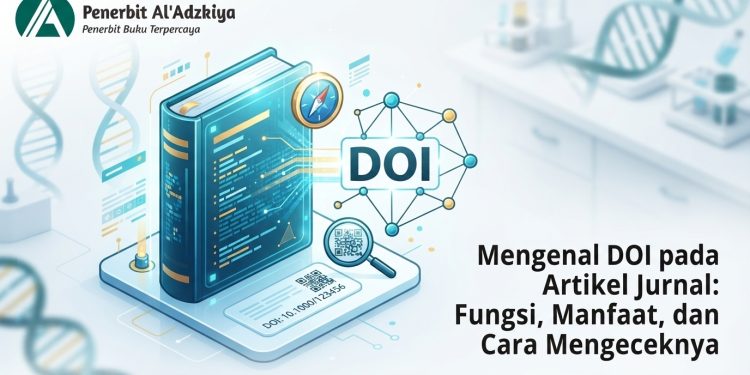 Ilustrasi digital tentang DOI (Digital Object Identifier) pada artikel jurnal ilmiah lengkap dengan logo Penerbit Al'Adzkiya.