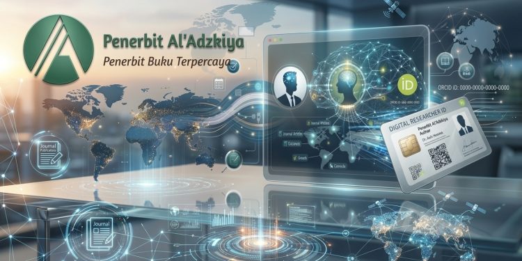 Ilustrasi Penerbit Al’Adzkiya yang menampilkan logo dan identitas penerbit dengan latar belakang teknologi digital, peta dunia, jaringan global, publikasi jurnal ilmiah, serta kartu identitas peneliti digital. Gambar ini menggambarkan dukungan Penerbit Al’Adzkiya terhadap publikasi ilmiah dan konektivitas peneliti di tingkat internasional.