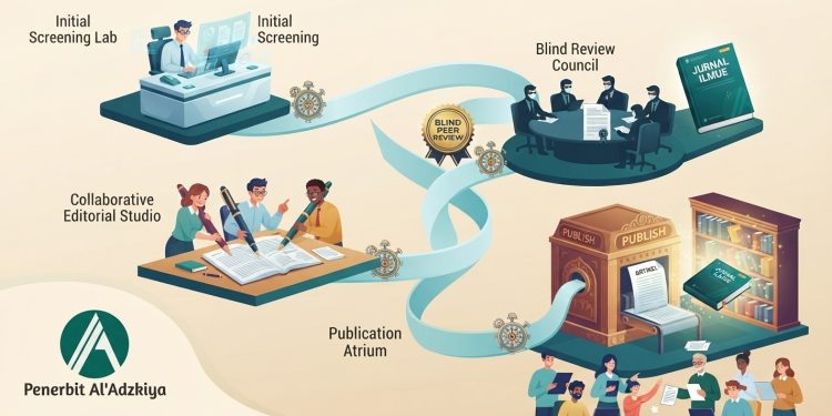 Ilustrasi tahapan editorial jurnal ilmiah dan proses peer review yang panjang dari awal hingga publikasi bersama logo Penerbit Al'Adzkiya.