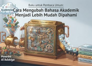 Ilustrasi mesin konversi pengetahuan mengubah jargon akademik yang rumit menjadi buku bacaan yang mudah dipahami umum dengan logo Penerbit Al'Adzkiya.