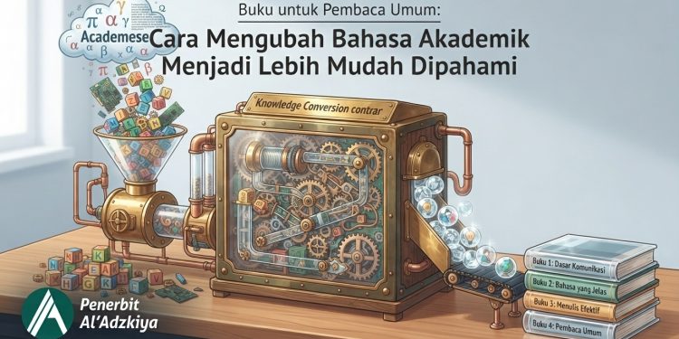 Ilustrasi mesin konversi pengetahuan mengubah jargon akademik yang rumit menjadi buku bacaan yang mudah dipahami umum dengan logo Penerbit Al'Adzkiya.